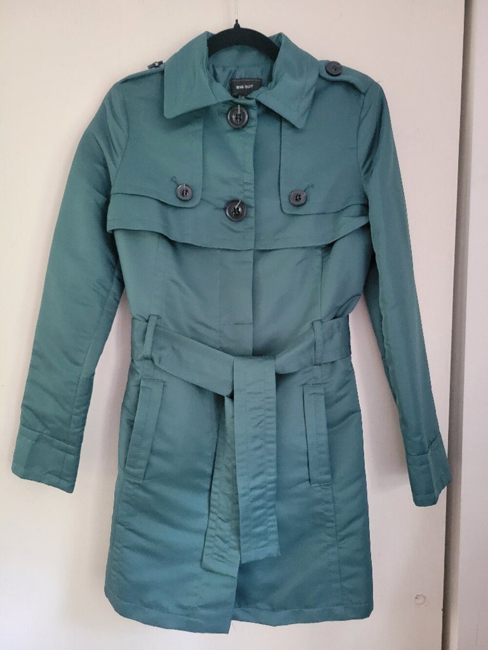 MNG Suit Teal Green Belted Trench Coat Epaulette Detail Sz XS - Picture 2 of 8